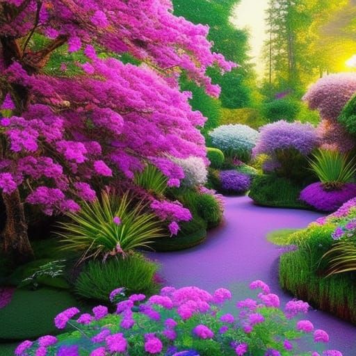 Violet Flowers in Fantasy Garden, Hyperrealistic Painting