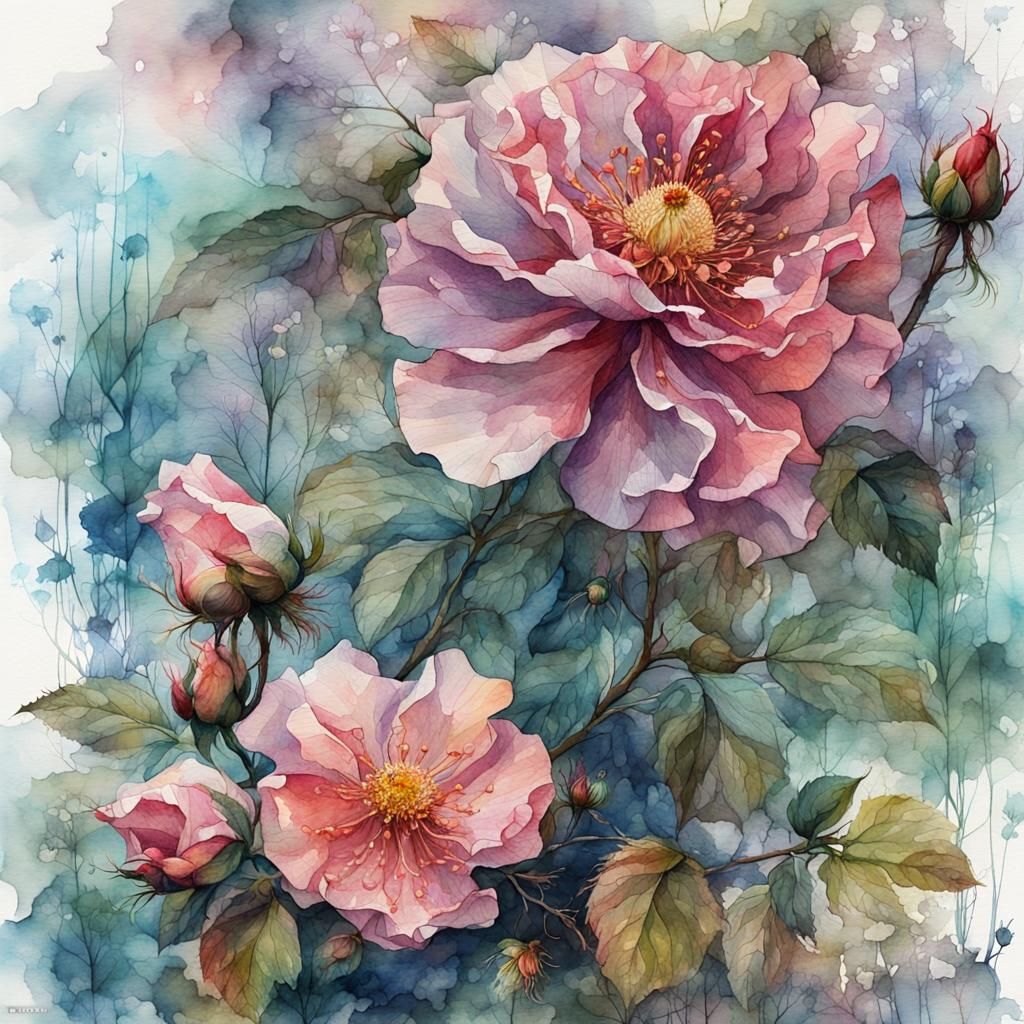 Watercolor Wild Rose Double Exposure Fantasy Art