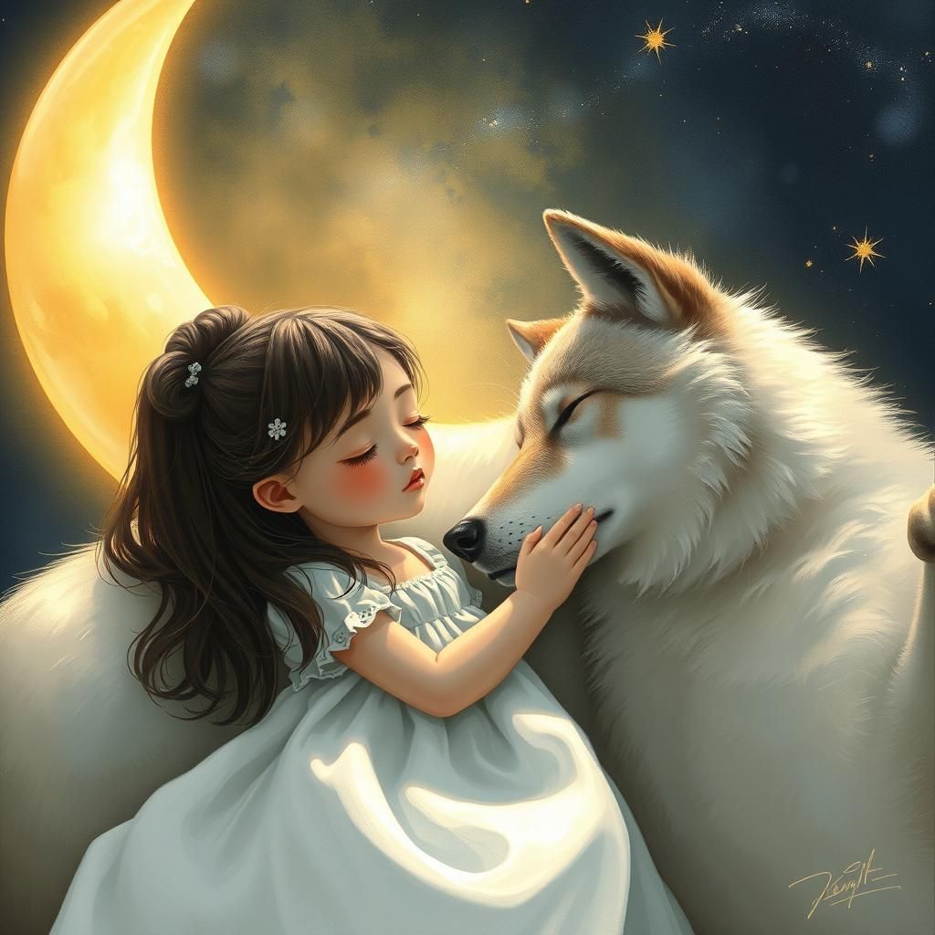 Girl Sleeps with Wolf on Crescent Moon