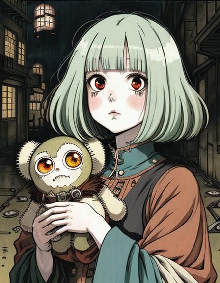 Horrorcore Anime Portrait of Stitched Clockwork Ragdoll