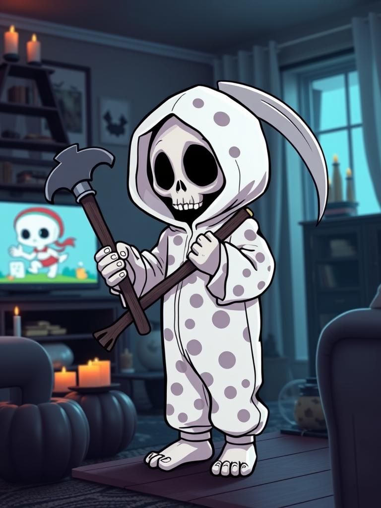 Adorable Chibi Grim Reaper in Haunted Living Room