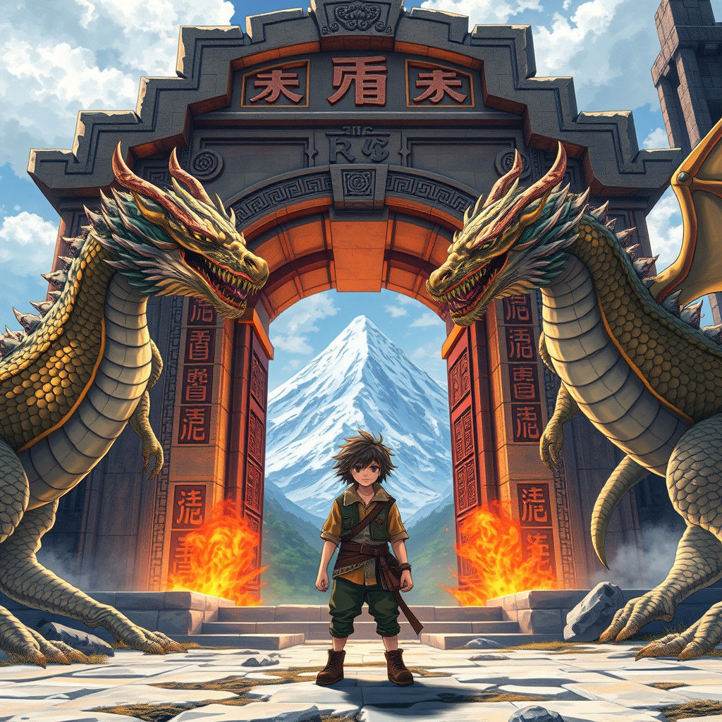 Adventurer Confronts Dragons at Ancient Gate in Anime Style