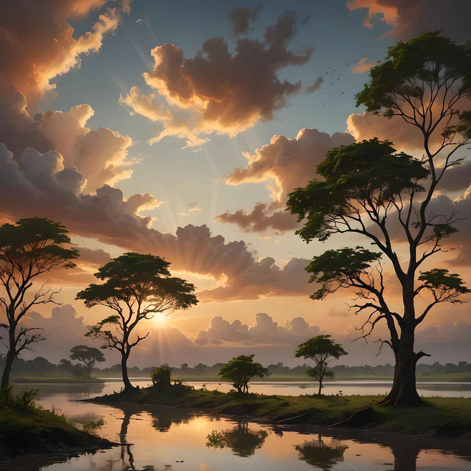Vibrant Sunset Over Orinoco River: Detailed Matte Painting