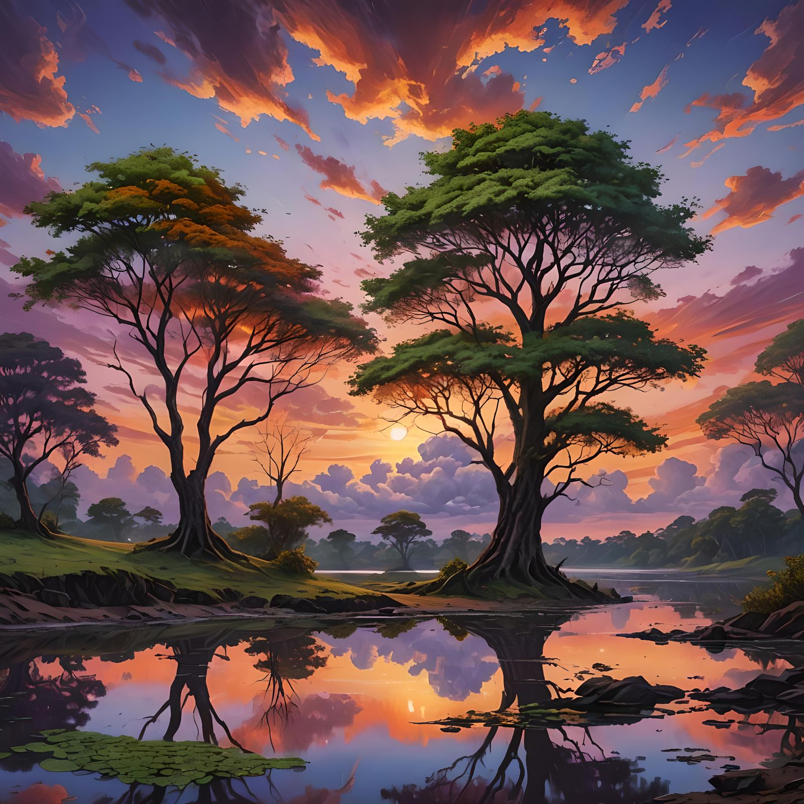 Vibrant Sunset Over Orinoco River in Detailed Matte Painting