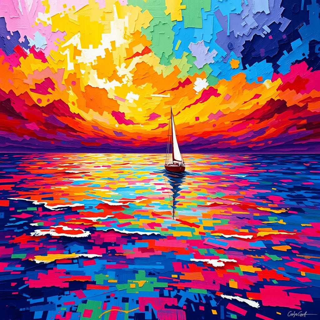 Rainbow Pixel Sea: Impasto Texture Art in Vivid Colors