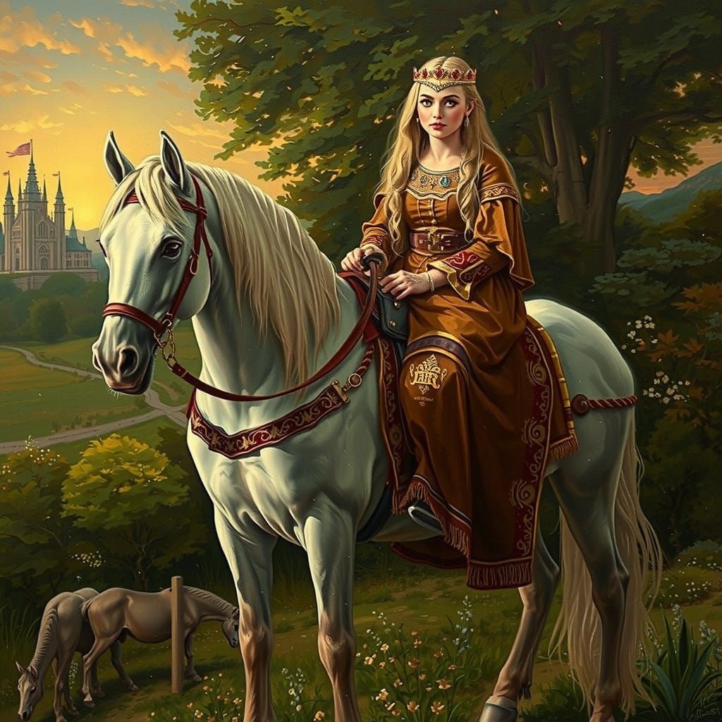 Medieval Queen on White Horse, Oil Painting