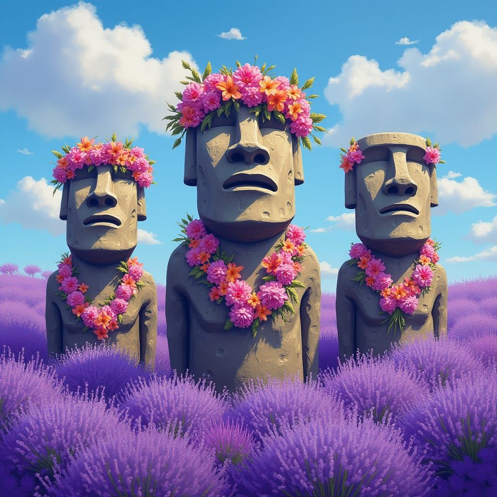 Easter Island Statues Sing in Lavender Fields in Vibrant Gou...