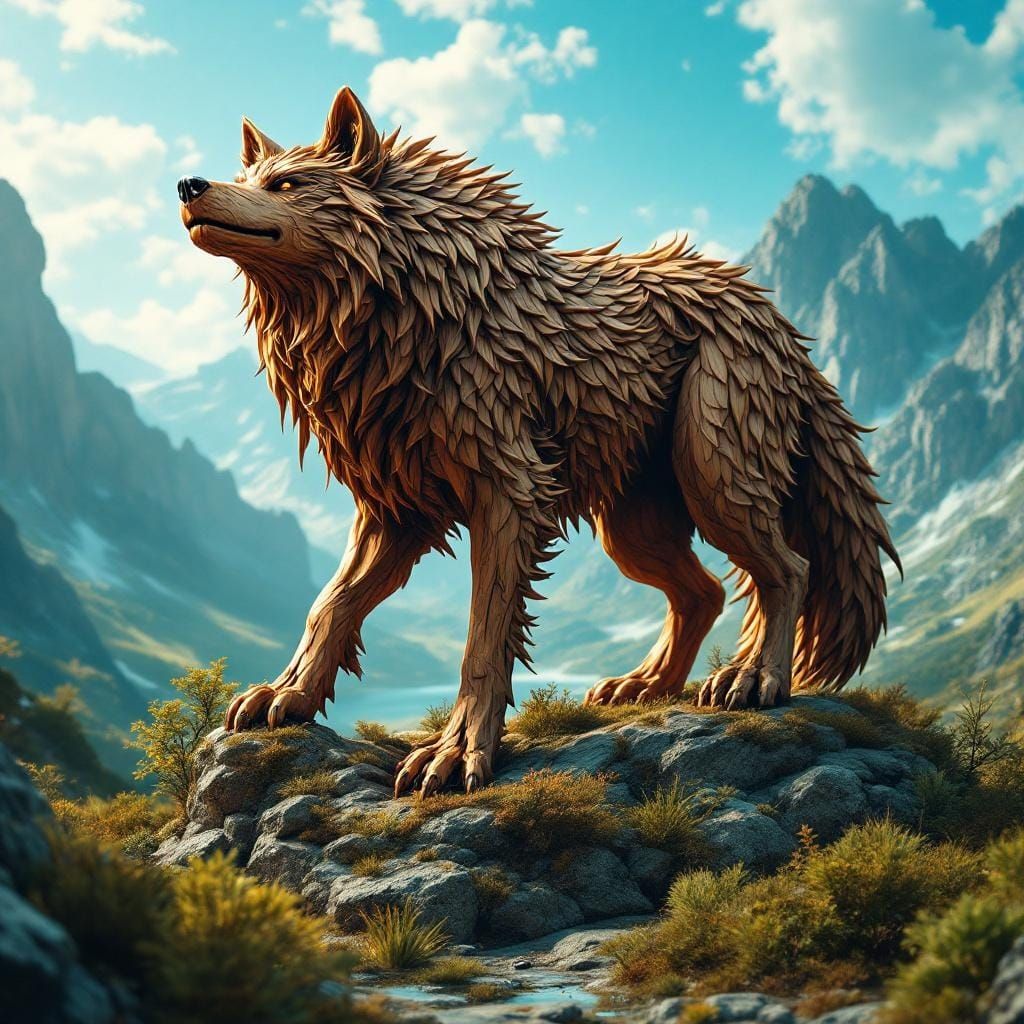 Intricate Wooden Dire Wolf Sculpture