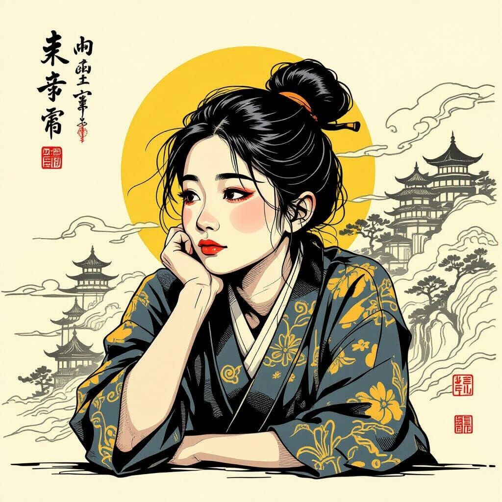 Student Deep in Thought: Expressive Ink Drawing