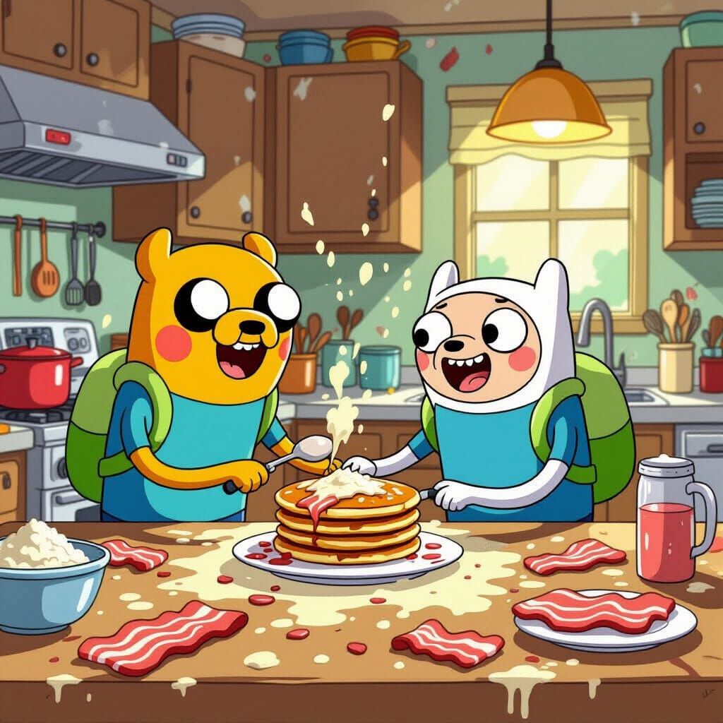 Adventure Time Duo Makes Bacon Pancakes in Messy Kitchen