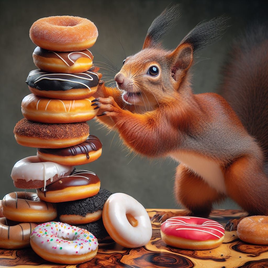 Squirrel Stacks Donuts into Tower