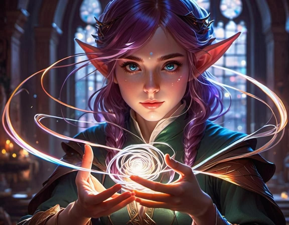 Anime Elf with Swirling Light, Digital Art