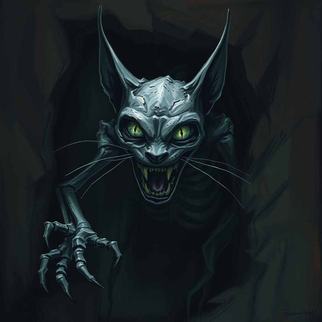 Sinister Skeletal Cheshire Cat Emerges from Darkness