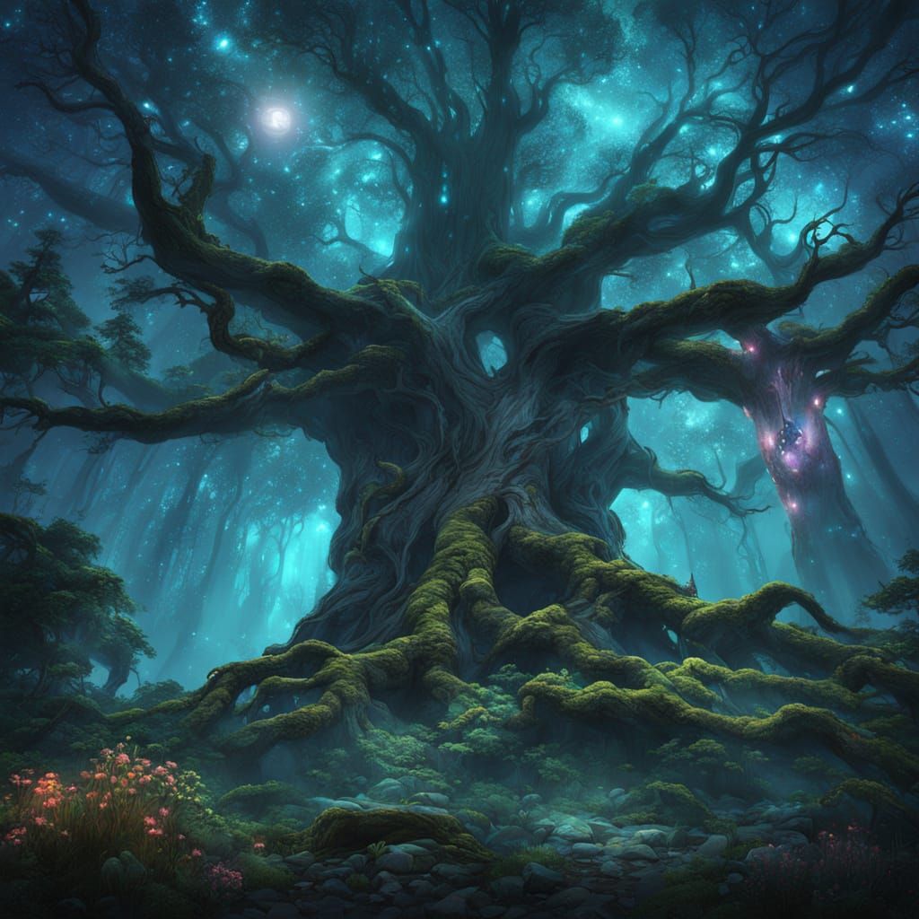 Ancient Bioluminescent Tree in Nebula Sky