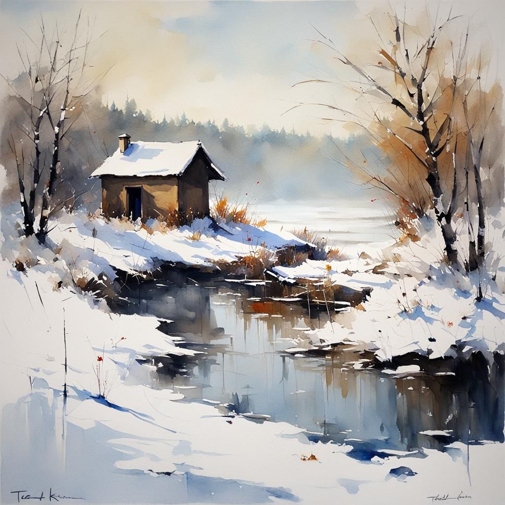 Winter Scene in Teacup: Minimalist Watercolor Art