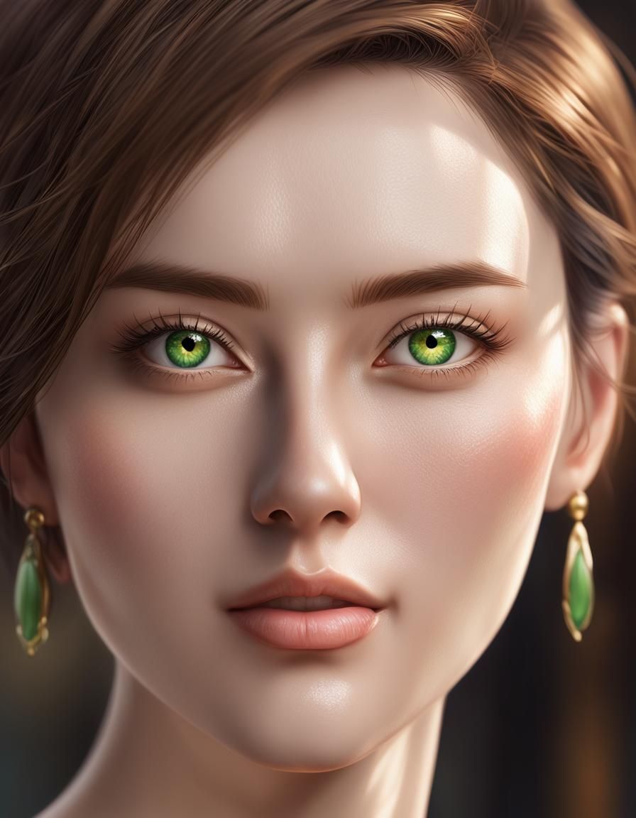 Beautiful young lady with short brown hair and almond shaped...