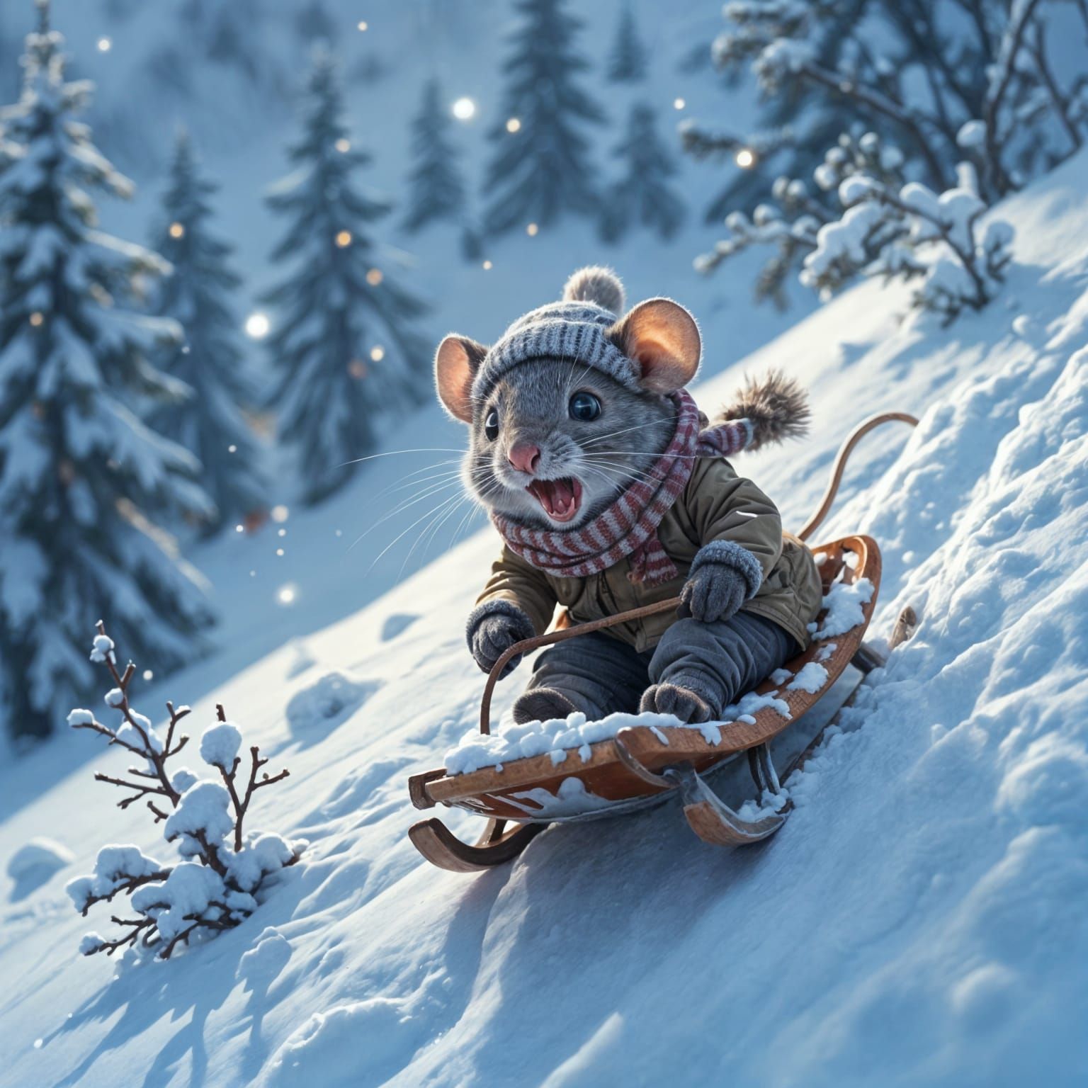 Mouse on Runaway Toboggan in Winter Scene