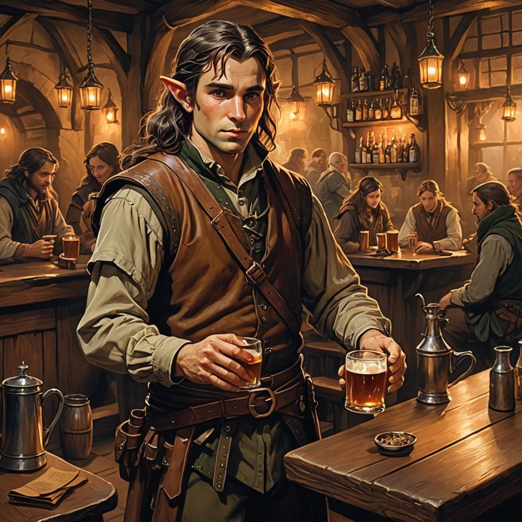 Half-Elf Rogue in Tavern: Fantasy Oil Painting