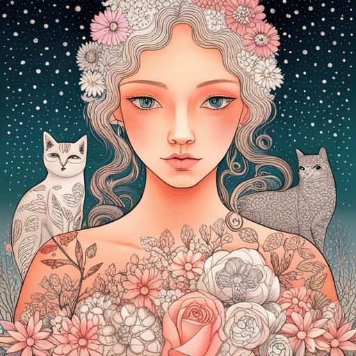 Enchanting Girl with Cats: Fairytale Vector Line Art