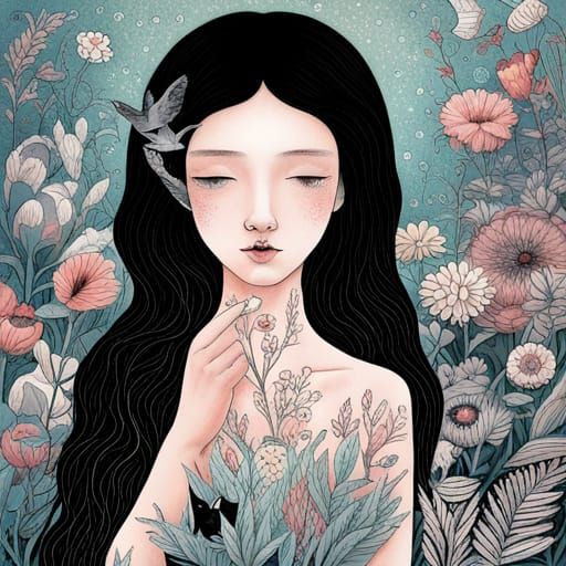 Mysterious Fairytale Girl with Cats: Vector Line Art