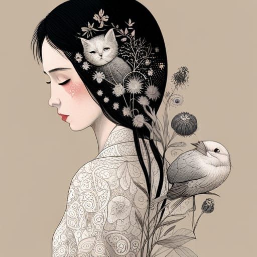 Fairytale Girl with Cats: Black and White Vector Art