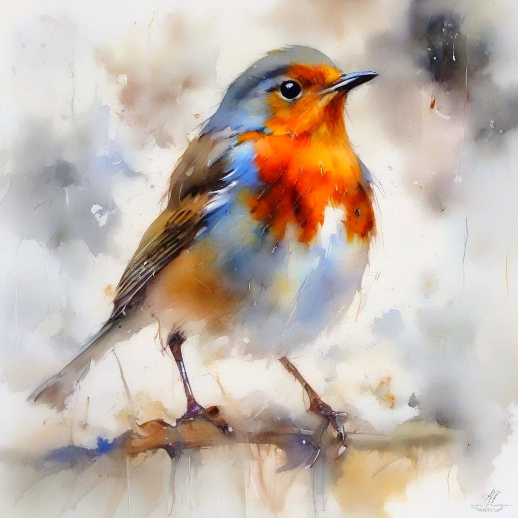 Tiny Robin in Snowy Landscape Neo-Impressionist Oil Painting