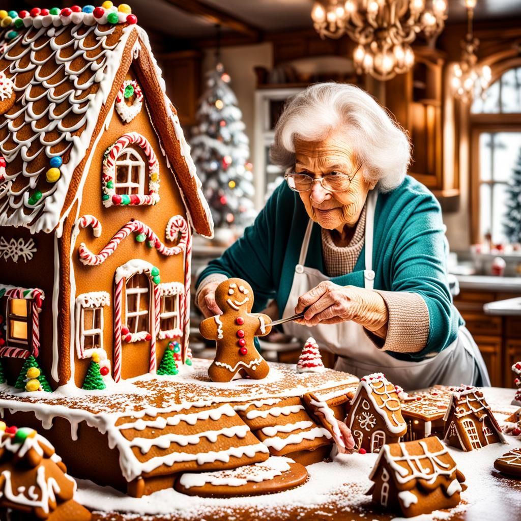 Grandma Baking Gingerbread House in Hyperrealistic Style