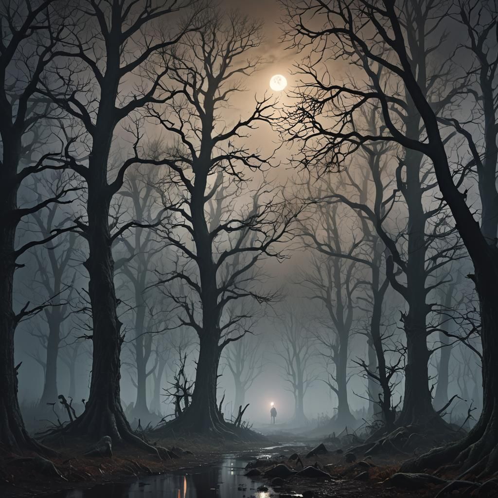 Spooky Haunted Forest at Night Under Full Moon