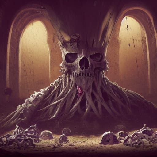 Rotting King in Empty Catacomb with Bones