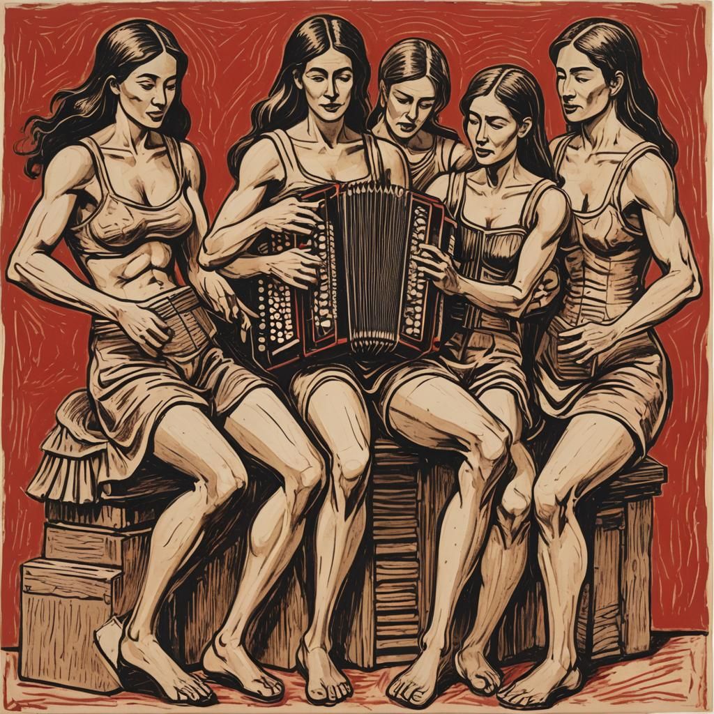 Muscular Women Accordion Woodcut in Abstract Style