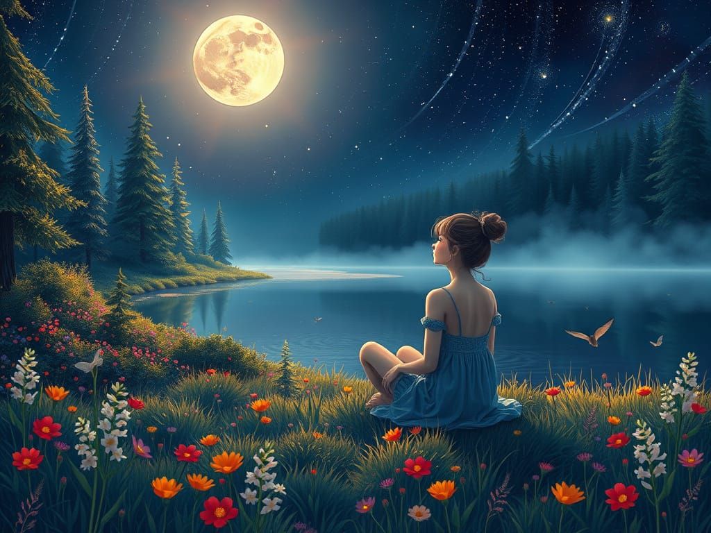 Dreamlike Moonlit Scene with Serene Lake and Lush Forest