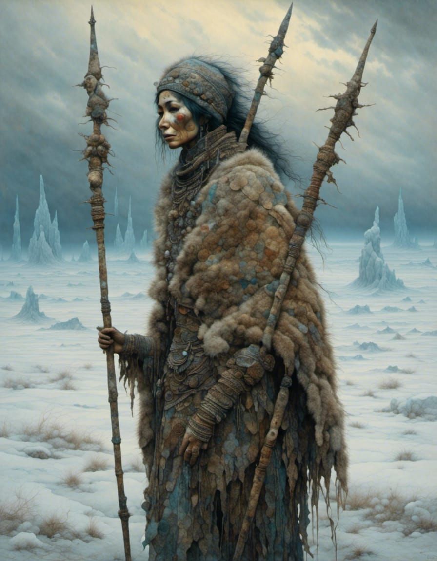 <lora:NC Hyperreal:1.0> <lora:Aquarius:1.0> A primitive human woman wearing seal-skin clothing stands in an icy landscap...