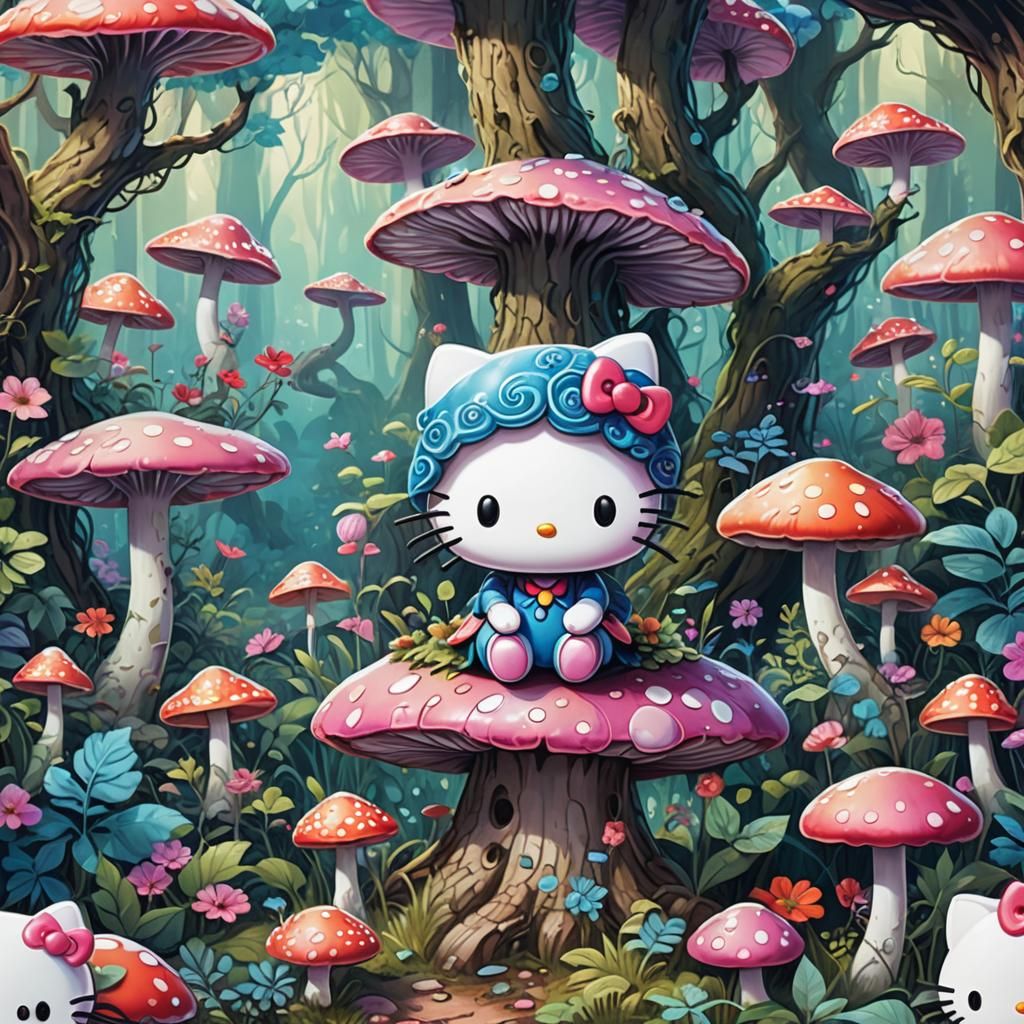Hello Kitty in Dreamlike Forest, Fantasy Illustration