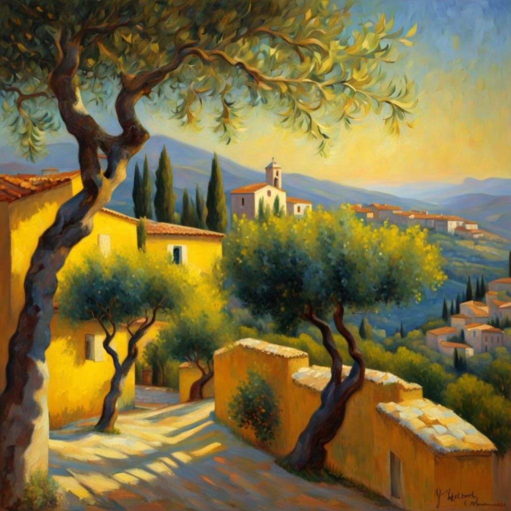 Mediterranean Village Landscape as Oil Painting