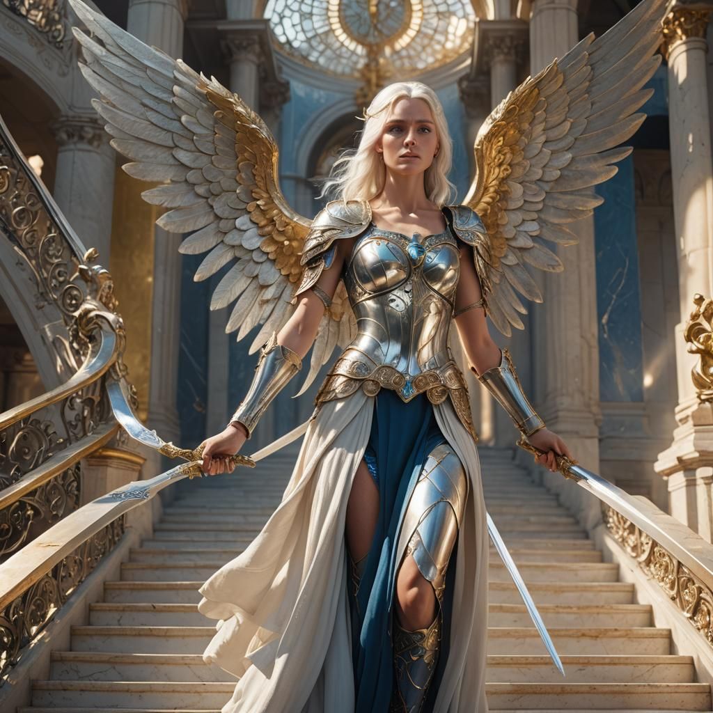 Metallic Angel on Marble Stairs