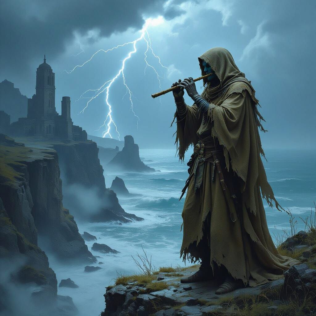 Spectral Bard's Song Amidst Coastal Ruins