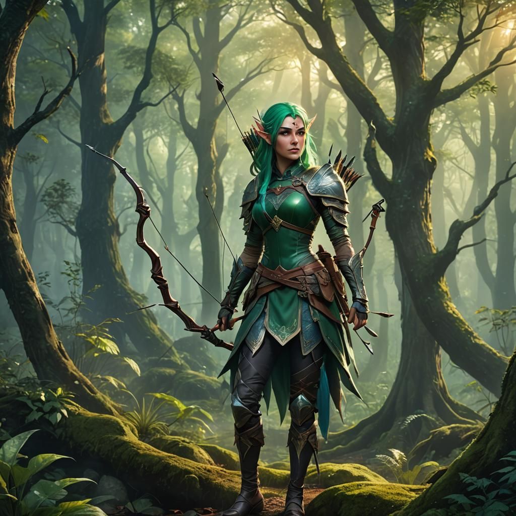Anime Elf Archer in Mystical Forest: Fantasy Art