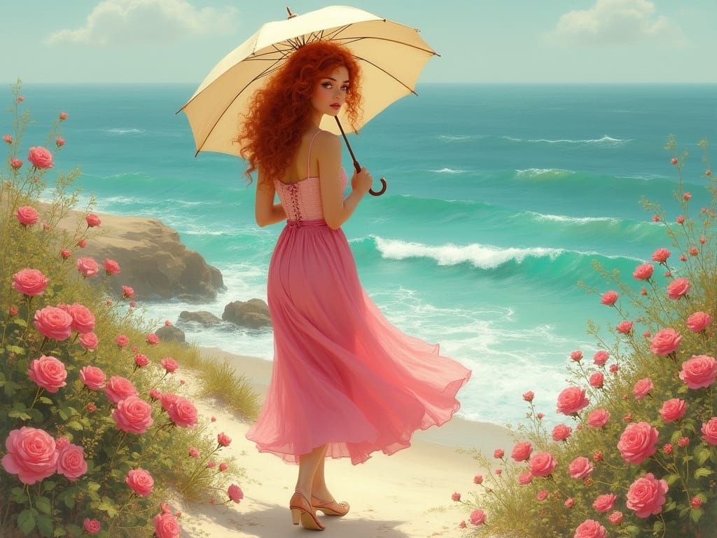 Victorian Lady Walks Through Rose Dunes with Turquoise Waves