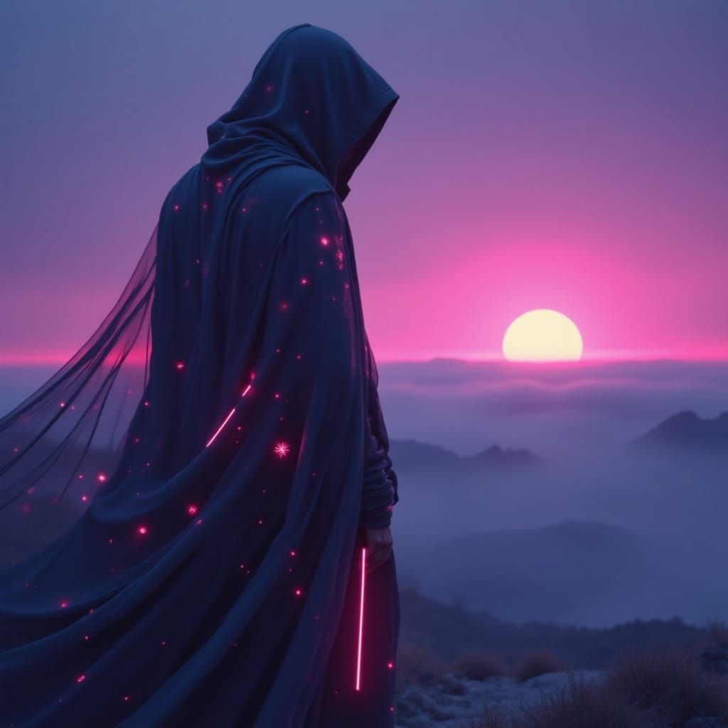 Ominous Figure in Neon-Lit Desolation