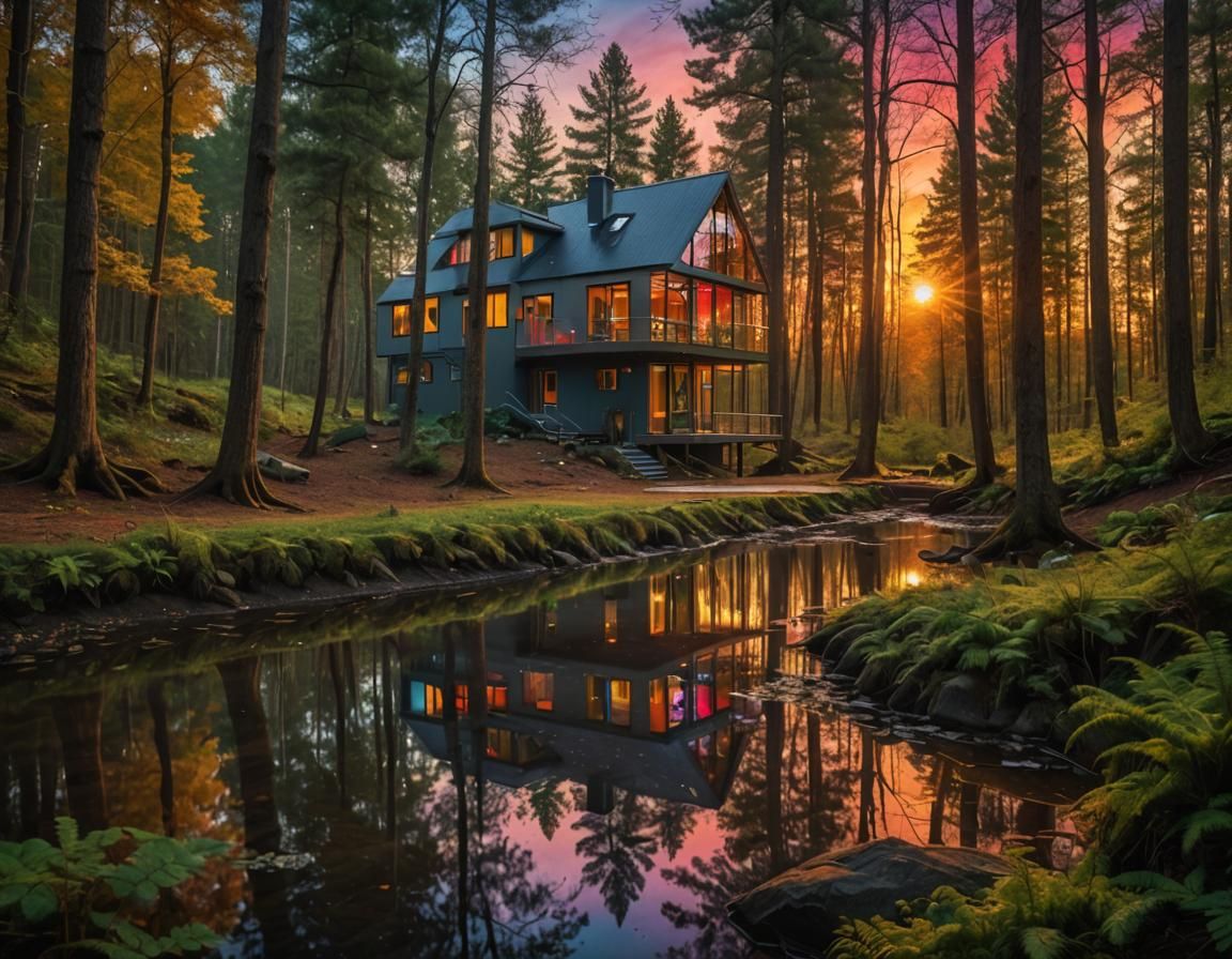 Ultramodern House in Woods at Sunset