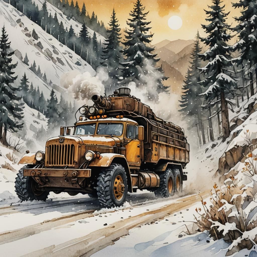 Dieselpunk Half-Track in Snowy Mountain Pass