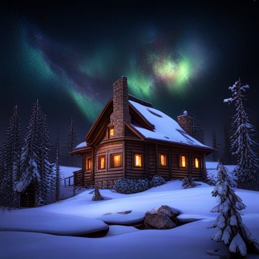 Aurora Borealis Over Winter Cabin: Fantasy Concept Art