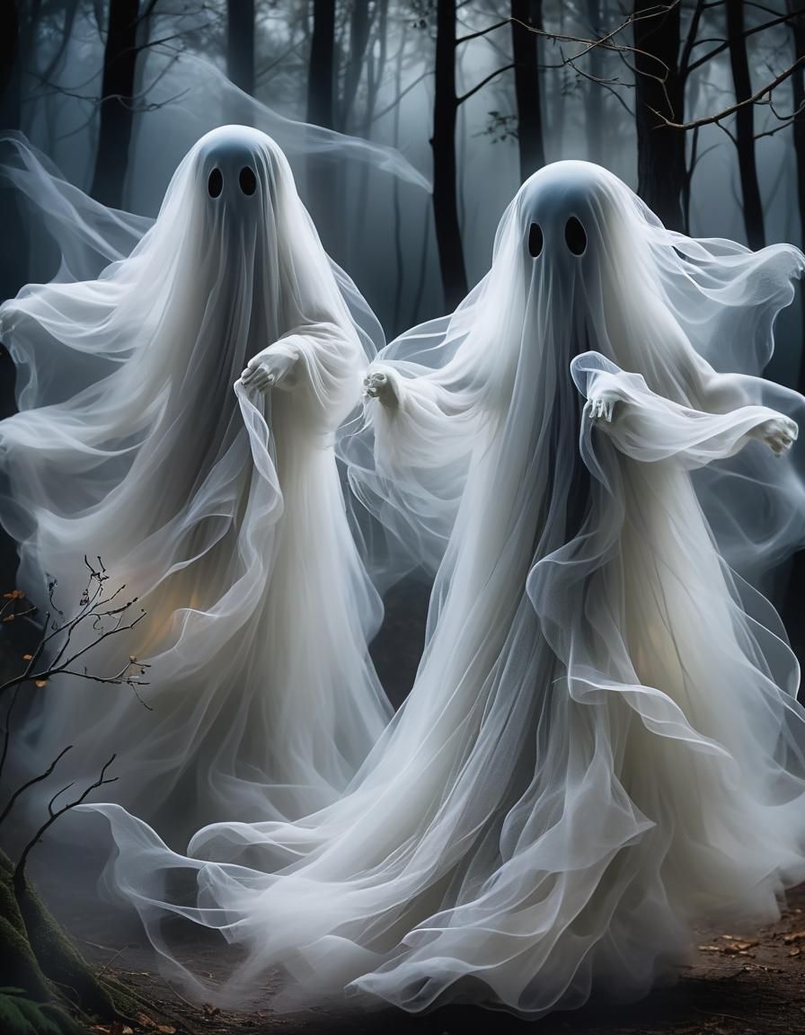 Tulle Ghosts Dancing in Forest Night Winds