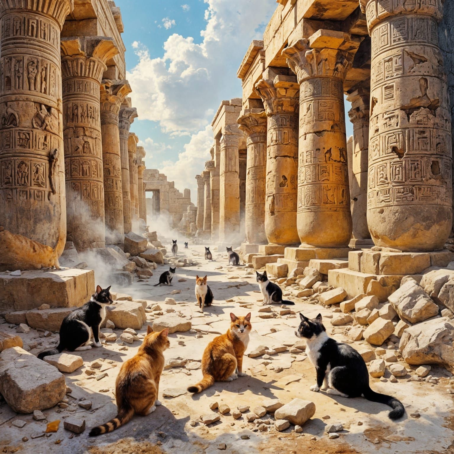 Cats Wander Ancient Egyptian Temple Ruins
