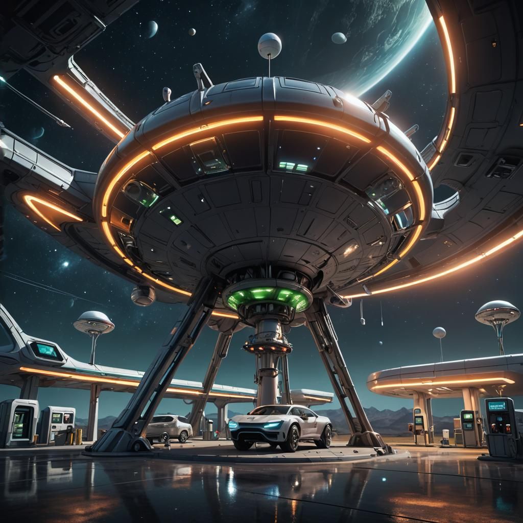 Futuristic Space Fueling Station with Alien Customer