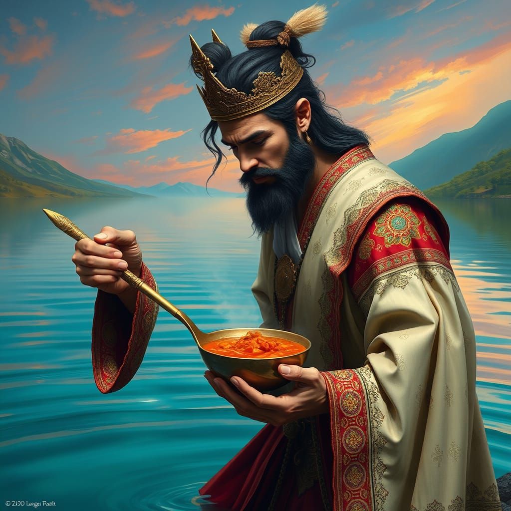 A Divine Figure Feeds the Faintly Lit Landscape