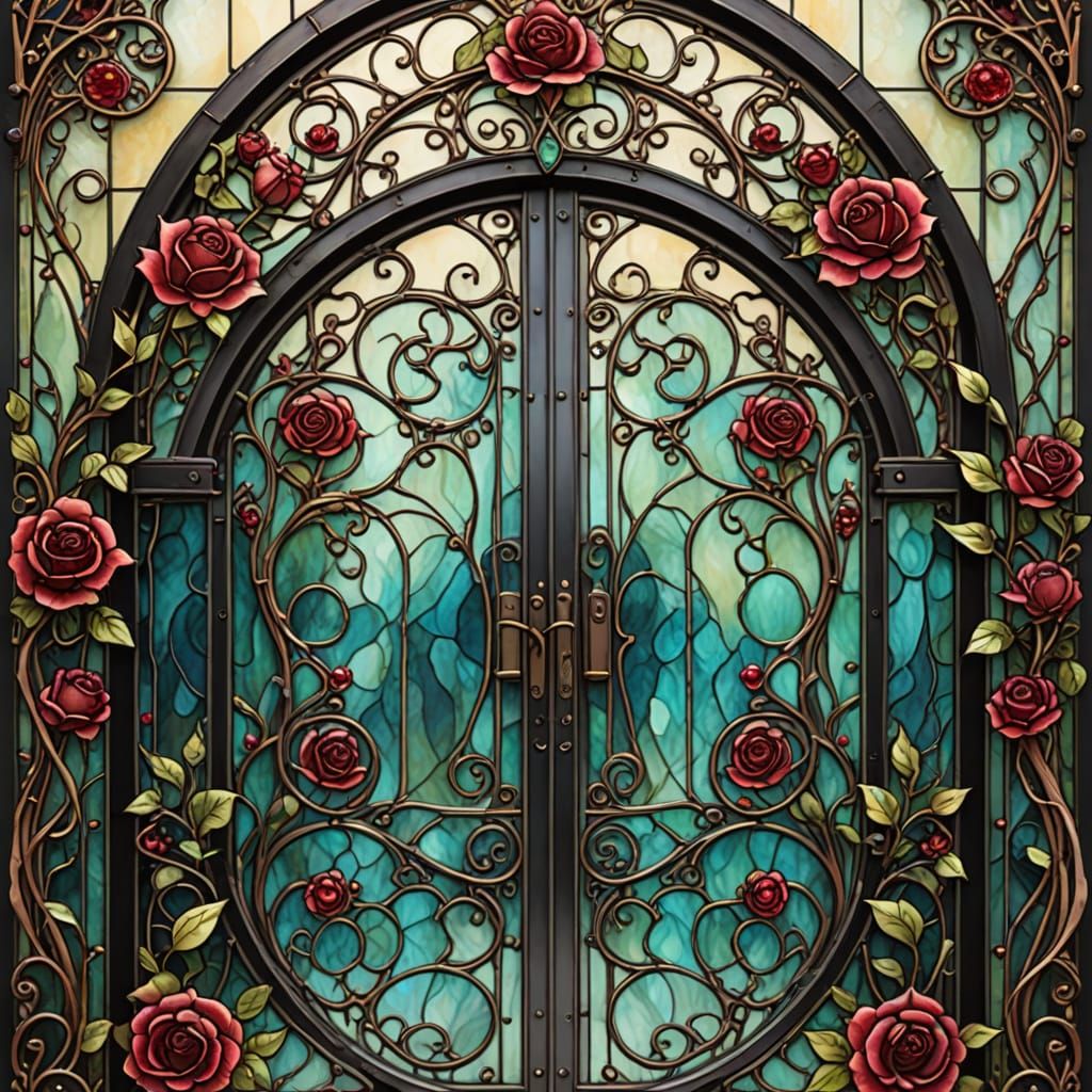 Art Nouveau Stained Glass Garden Gate With Roses