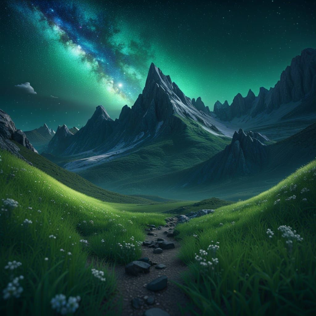Milky Way Over Green Mountains: Fantasy Art