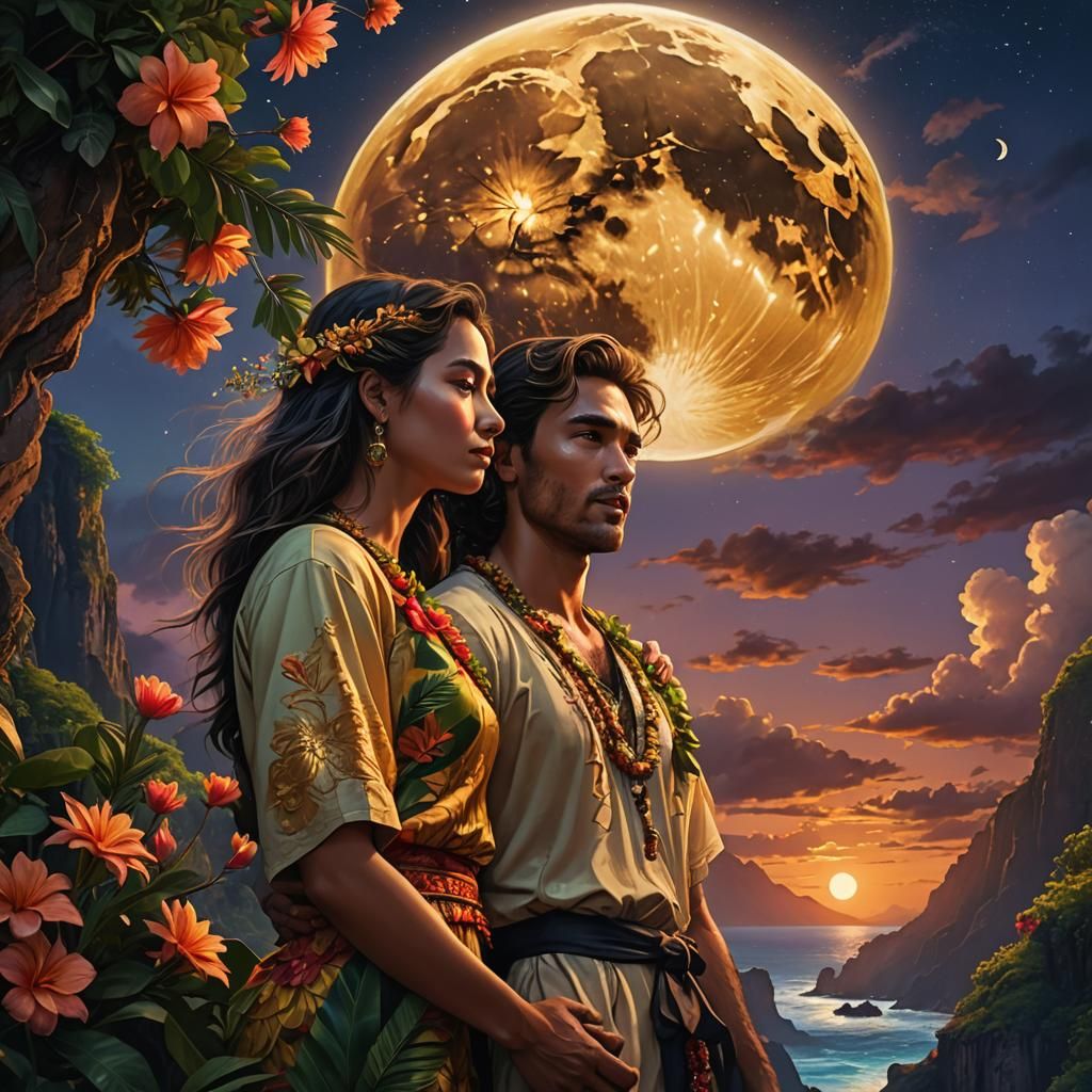 Golden Moon Over Hawaii: Fantasy Digital Painting
