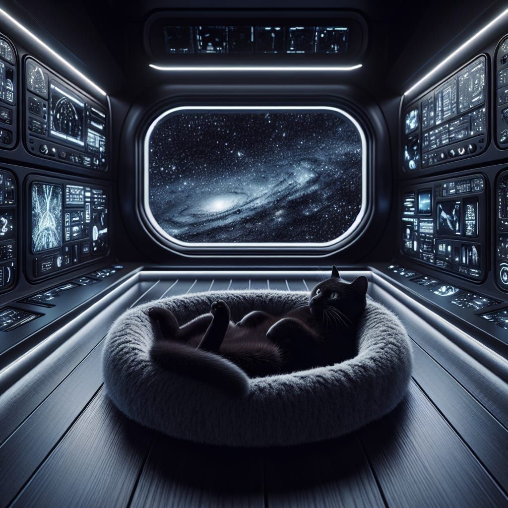 Cat Comfortably Resting in Futuristic Spaceship